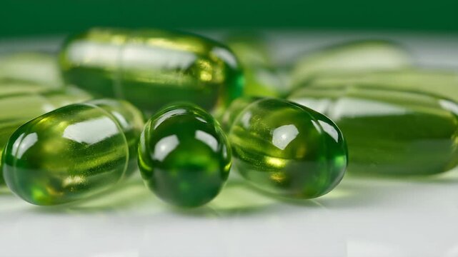 Macro shot of green softgel capsules on a white surface representing dietary supplements and health