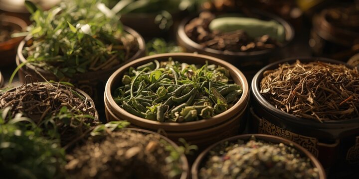 Rich variety of herbal plants in bowls demonstrating Chinese traditional medicine