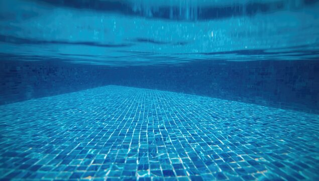 Swimming pool bottom with vibrant blue glass tile mosaic and shimmering caustics under clear water