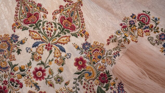 Floral paisley Mughal embroidery accented by Kashmiri tanka neckline style details