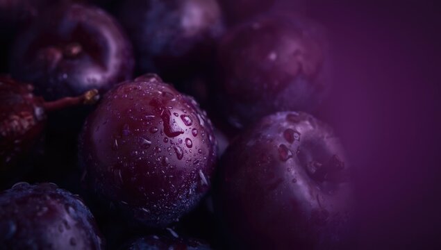 Fresh purple plums with water droplets on dark background