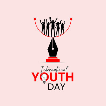 International Youth Day Celebration Concept with Youth Silhouette and Pen Trophy