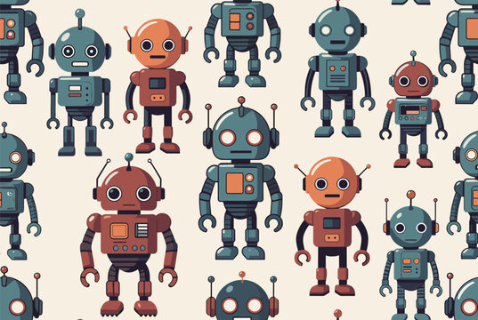 Retro style seamless pattern featuring various toy robots in orange and blue colors on a light cream colored background.