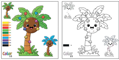 Naklejka premium Cute Cartoon Palm Tree Decorated with Colorful Seashells and a Color Palette for Kids