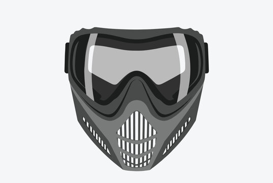 Symmetrical vector illustration of a grey and black paintball or tactical protective face mask on a light background.