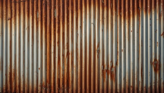 Rusty corrugated metal wall with vertical stripes