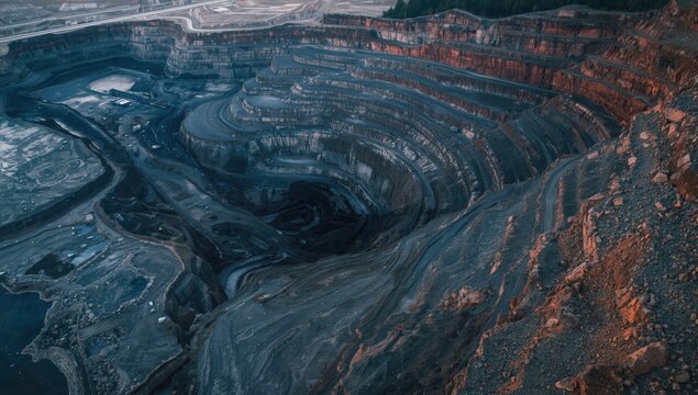 High altitude capture of surface mining area showing stratified rock layers and excavation approaches alongside varied earth and coal textures