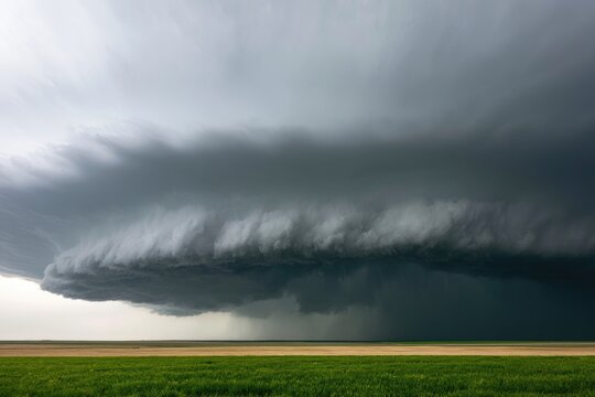 Massive Supercell Thunderstorm Approaching Over Flat Plains Landscape.