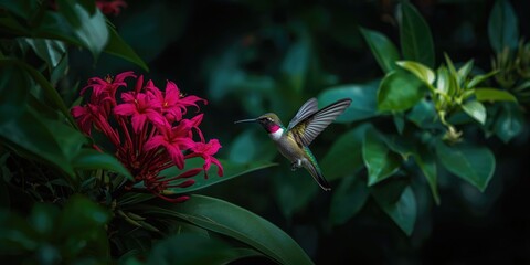 Fototapeta premium Hummingbird hovering near vibrant pink flowers in a lush garden