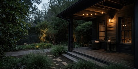 Fototapeta premium Cozy porch with outdoor lighting in a garden setting