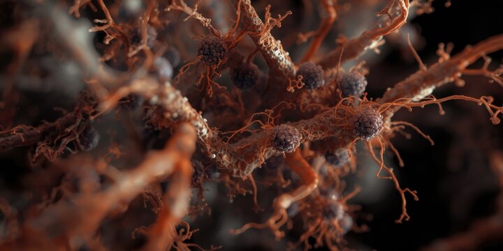 SEM image illustrating individual cellular structures on a woven fiber network of the mouse myenteric plexus