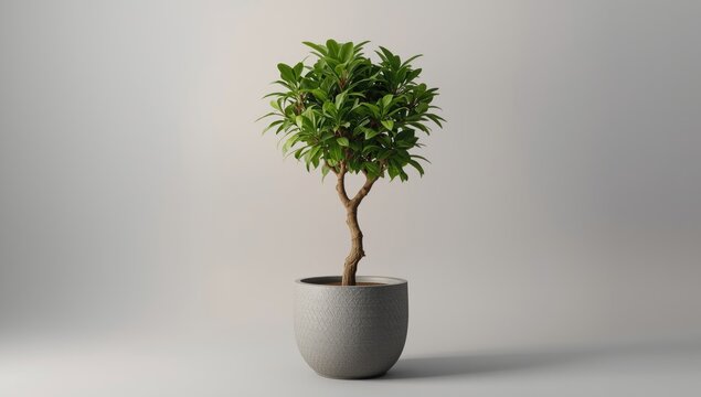 Modern Gray Pot Holding Indoor Money Tree Pachira Aquatica Against Minimalist Background for Branding