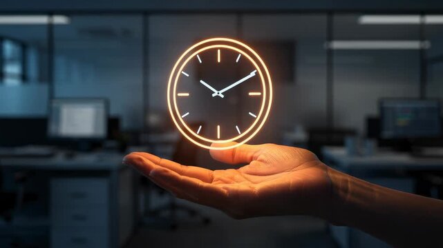 Hand holding glowing clock time management concept in modern office environment