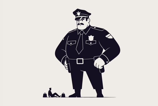 Stylized illustration of a giant police officer standing over a tiny man on the ground representing authority and power dynamics.
