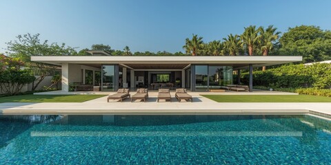 Fototapeta premium Modern villa with pool and lounge chairs in sunny garden