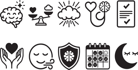 Obraz premium Psychology and mindfulness outline icon collection for self care