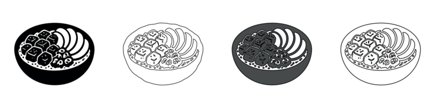 Cute cartoon poke bowl with smiling tofu and sliced avocado in four icon styles
