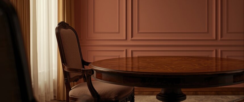 Sophisticated wooden chair and table ensemble in a gently lit room with blush colored walls