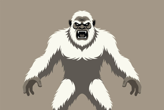 Aggressive white yeti or abominable snowman character with a muscular build and a fierce facial expression on a neutral tan background.