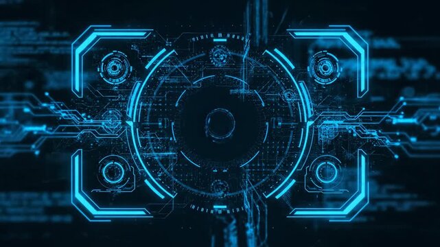 Glowing blue circuit board design featuring a central circular interface on a dark background