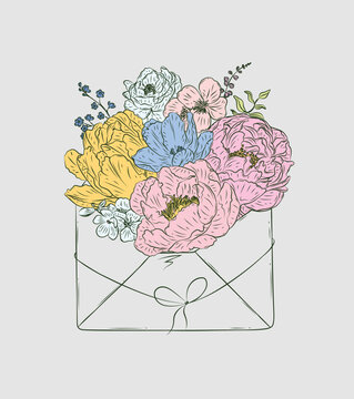 Envelope made with different flowers drawing in floral style with green on light background