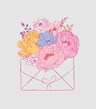 Envelope made with different flowers drawing in floral style with pink on light background