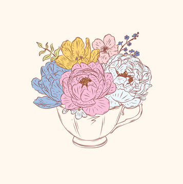 Cup tea or coffee made with different flowers drawing in floral style on beige background