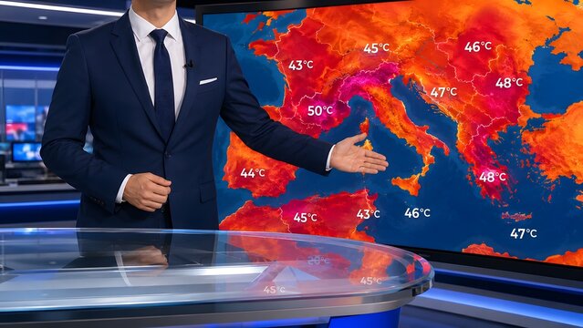 Professional TV newscaster presenting an urgent weather forecast for an extreme European heatwave displayed on a high-tech studio screen.