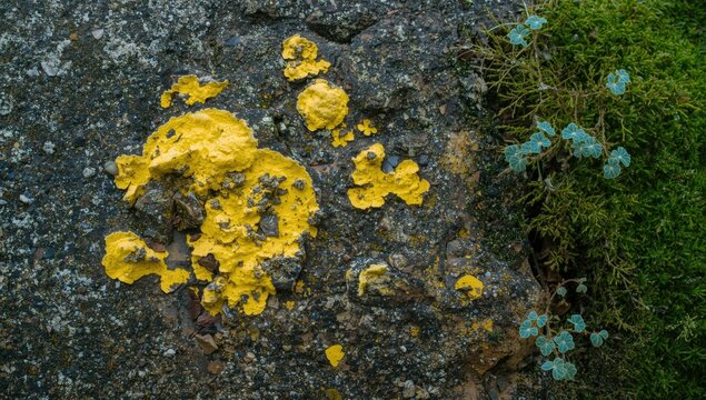 Rock surface textured with bright yellow lichen and deep green moss alongside asplenium trichomaches foliage