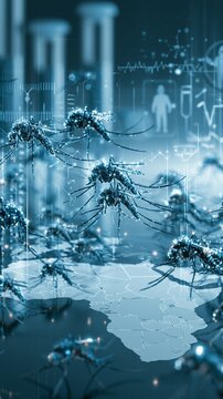 Swarm of mosquitoes rendered as glowing scientific symbols above a clean regional map silhouette, lab tubes and protective research graphics in the background, cautious mood, cool lighting, wide