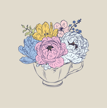 Cup tea or coffee made with different flowers drawing in floral style with blue on beige background