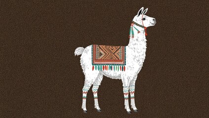 Naklejka premium Decorative llama with traditional patterns on its saddle
