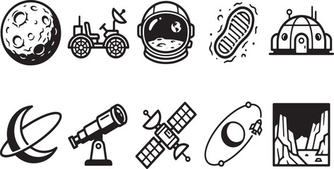 Moon exploration and space astronomy black line icons set © RASHEDUL