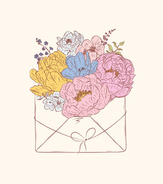 Envelope made with different flowers drawing in floral style on beige background
