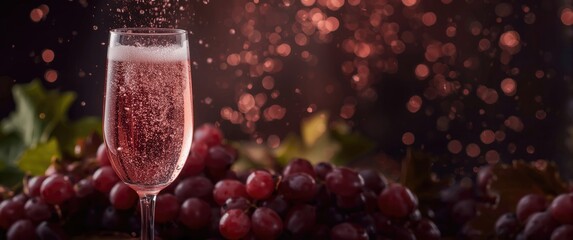 Fototapeta premium Sparkling rose wine in a glass with grapes on a table