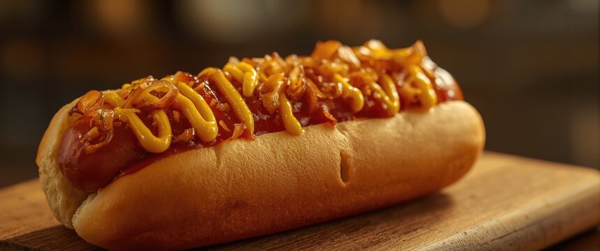 Juicy footlong hot dog layered with mustard onions and ketchup in focused shot