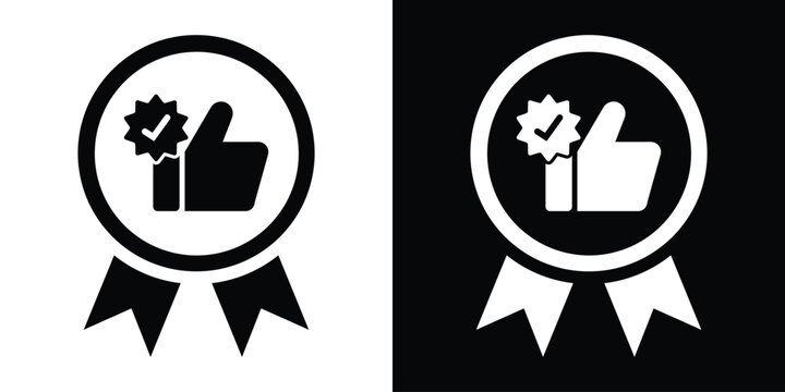 Thumbs up award ribbon icon with verified check mark sign. Customer recommendation, positive feedback, and business satisfaction vector.