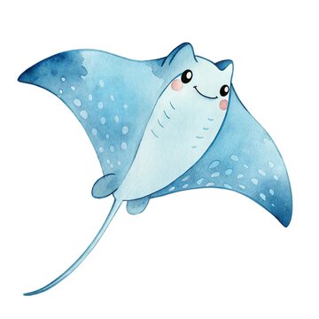 Cute watercolor illustration of a friendly blue stingray swimming isolated on a white background.