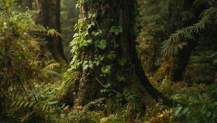 Obraz premium Vibrant green vines climbing a majestic tree trunk surrounded by thick forest foliage in a peaceful landscape