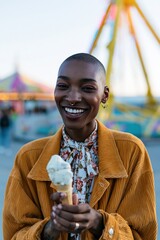Fototapeta premium Smiling adult female portrait with ice cream cone at carnival ferris wheel for summer banner background and lifestyle poster design