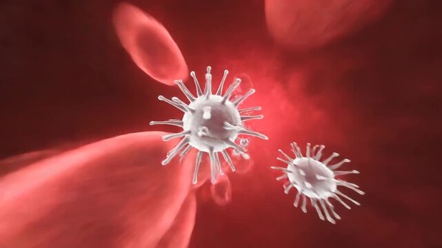 Microscopic view of white blood cells attacking virus in bloodstream