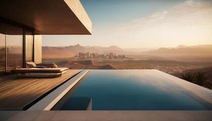 Fototapeta premium modern geometric concrete home overlooking desert cityscape with swimming pool