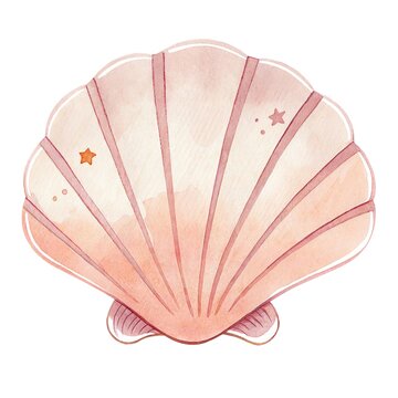 Cute watercolor illustration of a beautiful pink seashell with small star decorations isolated on a white background