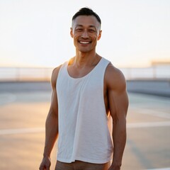 Fototapeta premium Smiling fit man in white tank top at sunset on urban rooftop for wellness background and active lifestyle banner design