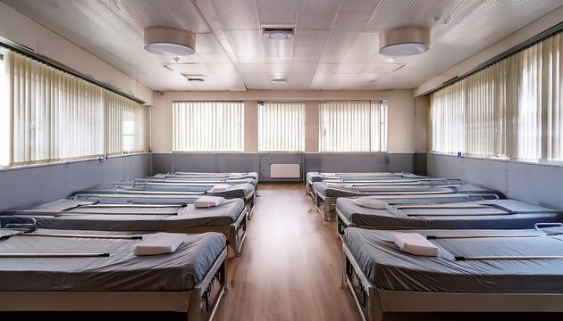 disaster relief shelter with rows of neatly arranged cots in a spacious minimalist room simple layout and bright lighting create a calm and organized atmosphere emphasizing support and readiness