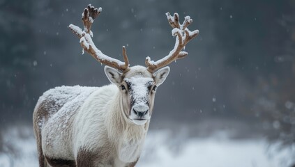 Naklejka premium Reindeer with snow-covered antlers in a winter landscape