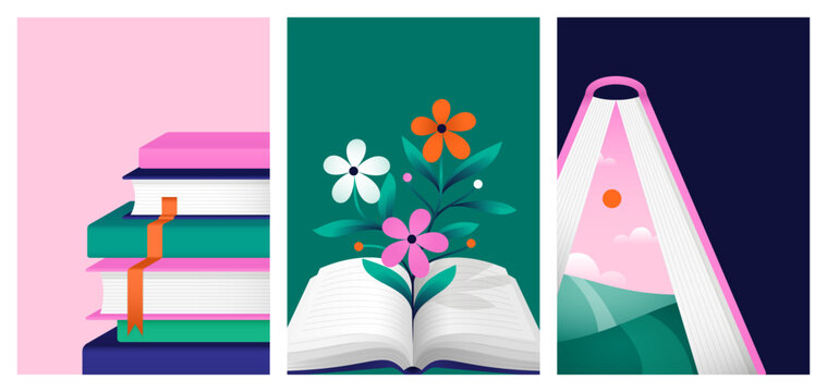 Books posters set. Vector templates for book fair or festival, reading club, library event. Stack of books, open textbook with flowers, fantasy novel with landscape. Collection of illustrations