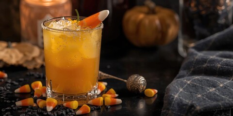 Fototapeta premium Seasonal Halloween Candy Corn Tequila Sunrise Cocktail with Decorative Topping