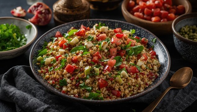 Traditional Middle Eastern Lebanese salad of tabbouleh and fattoush with pomegranate molasses dressing served at iftar in Ramadan with copy space
