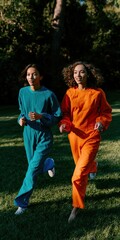 Fototapeta premium Two women jogging in bright teal and orange jumpsuits on grass for fitness lifestyle background and outdoor activity banner